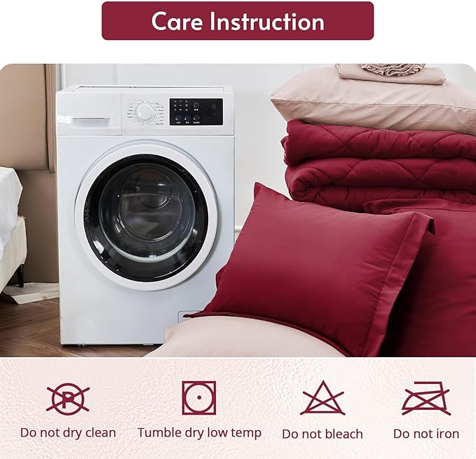 MUXHOMO 7 Pieces Full Comforter Set, Reversible Bed in a Bag Full Size, All Season Bedding Set with Comforter, Flat Sheet, Fitted Sheet, Pillowcases & Shams, Burgundy & Rose Gold