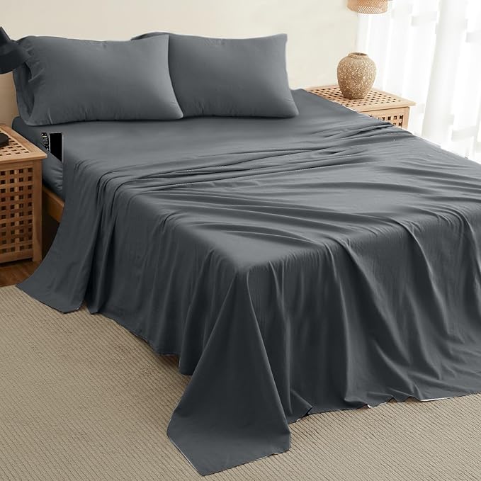 DREAMCARE California King Sheet Sets – 4 pcs Cooling Sheets – up to 21” Deep Cal King Sheets – Hotel Luxury Sheets & Pillowcases – Superior Softness 100% Fine Microfiber with Side Pocket – Dark Gray