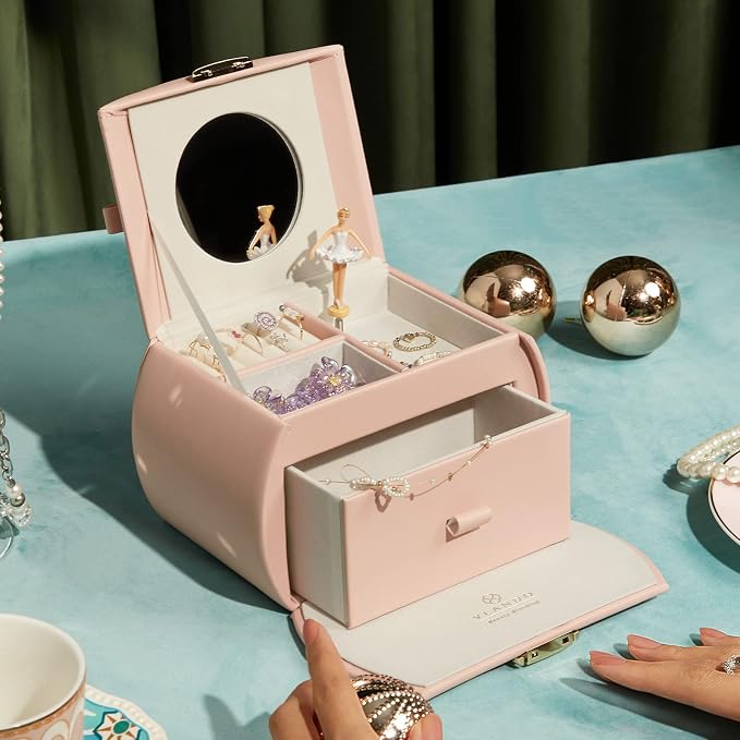VLANDO Kids Musical Jewelry Box for Girls with Drawer, Music Box with Ballerina and Stickers for Birthday Bedroom Decor, Valentines Day Gifts for Daughter Girls Kids - Pink - Image 9