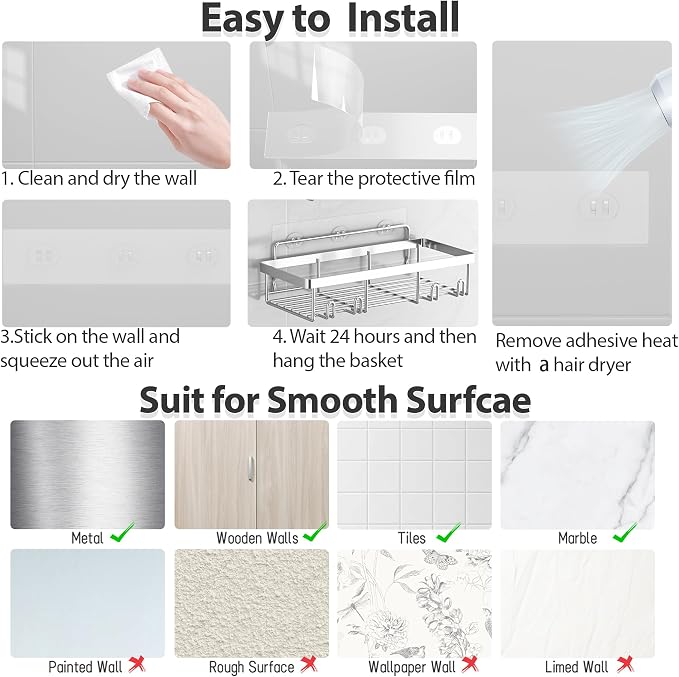 Liuoud 10 Pack Shower Caddy Organizer Rack Shelf for Inside Shower, Self Adhesive Wall Storage Basket Rustproof Stainless Steel Shampoo Holder Bathroom Accessory Decor Set, Silver - Image 8