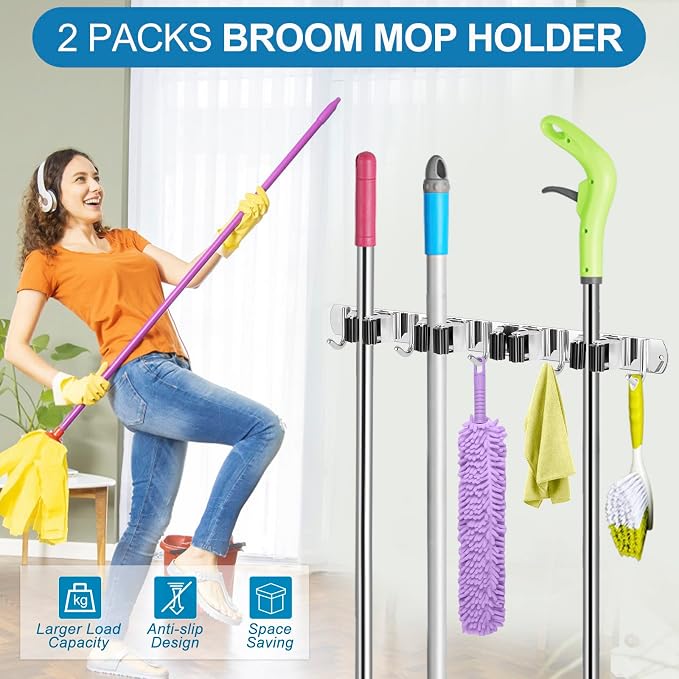 IMILLET 2 Broom Holder Wall Mounted, Stainless Steel Broom Mop Holder Self Adhesive Heavy Duty Hooks Storage Organizer for Home Laundry Room Garden Garage Closet Kitchen(4 Racks with 5 Hooks) - Image 7