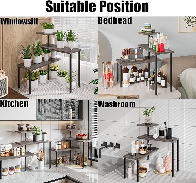 Countertop Organizer Organization 3 Tier Kitchen Corner Shelves Adjustable Spice Storage Rack for Bathroom Coffee Area Over Sink (Dark Gray Oak) - Image 6
