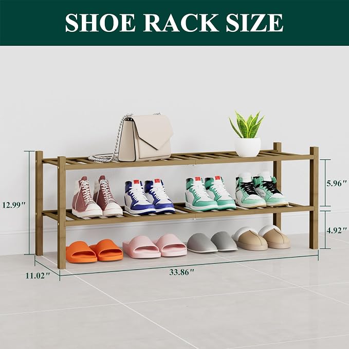 Smiry Shoe Rack, 2 Tier Thick Long Bamboo Shoe Organizer, Stackable Free Standing Wooden Shoe Storage Shelf for Closet, Entryway, Front Door Entrance, Walnut - Image 2