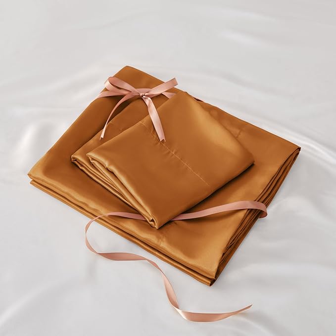 BEDELITE King Size Sheets Set, Luxury Soft Burnt Orange Satin Sheets for Hair and Skin, Similar to Silk Bed Sheets Set 4 Pieces with 1 Deep Pocket Fitted Sheet, 1 Flat Sheet, and 2 Pillowcases