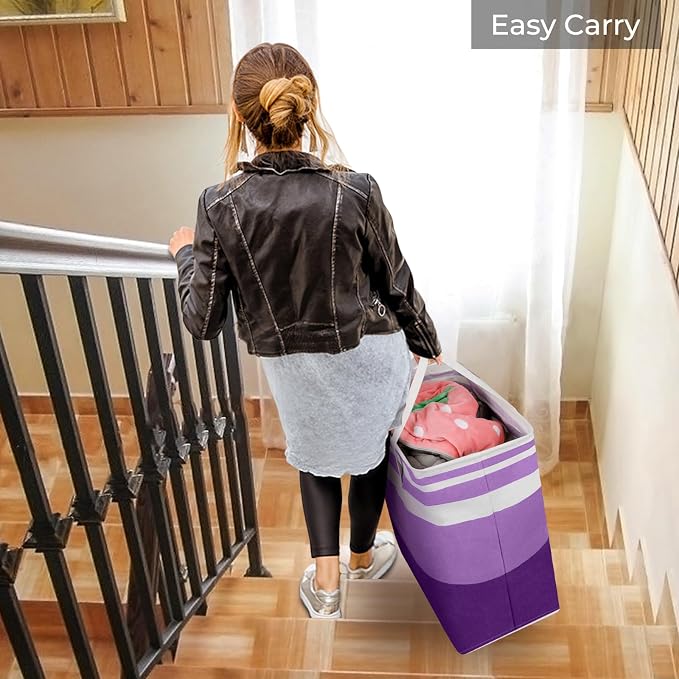 HomeHacks 2 Pack Large Laundry Baskets, Waterproof, Freestanding Laundry Hampers, Collapsible Clothes Hamper with Reinforced Handles in Laundry, College Dorm, Bathroom, Bedroom (Purple, 100Lx2) - Image 7