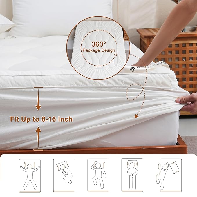 YOUR MOON 100% Organic Wool Mattress Topper King Size, Thick Pillow Top Mattress Pad, 800GSM Natural Wool Filling, Back Pain Relief Bed Topper with Cotton Cover-16'' Depth, 78"x80" (Striped White)
