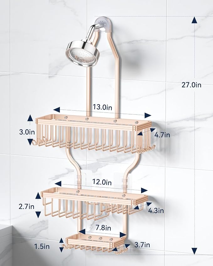YASONIC Shower Caddy Hanging - Never Rust Shower Organizer - Aluminum over The shower head caddy with 10 Hooks for Razor/Sponge - Shower Rack with Soap Basket - Rose Gold - Image 8