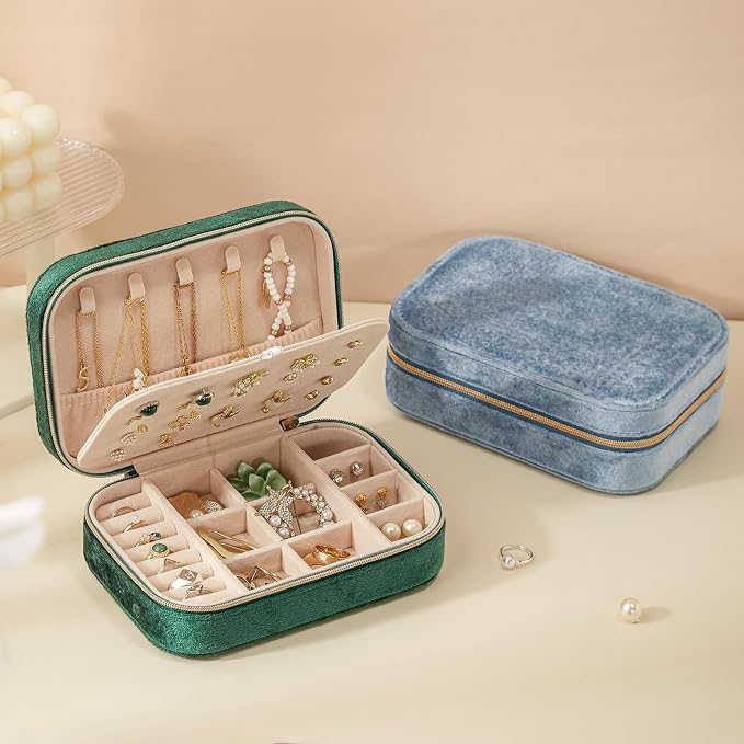 CASEGRACE Plush Velvet Travel Jewelry Box, Portable Jewelry Case for Women Girls, Double Layer Jewelry Organizer Display Box for Necklace Earring Rings Bracelet, Travel Accessory Gifts, green - Image 7