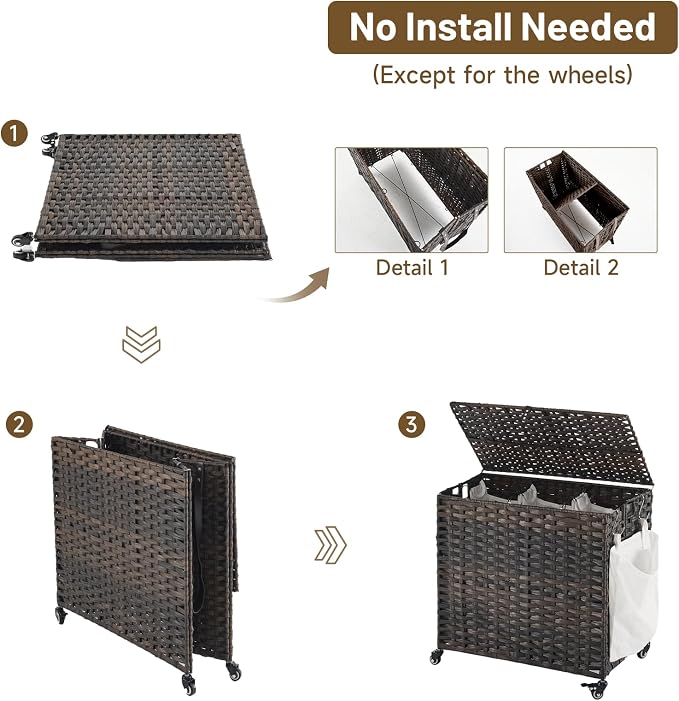 Laundry Hamper with Wheels, 34.3 Gallon(130L) Rolling Laundry Basket with Lid, 3-Section Rattan Clothes Hamper with 3 Removable Liner & 3 Mesh Bags, Laundry Sorter with Side Pocket, Brown - Image 8