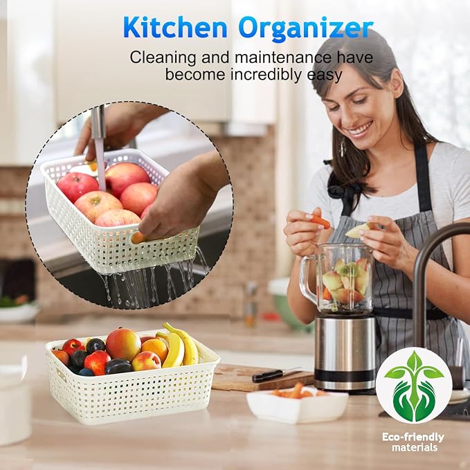 FUCDTEFC White Plastic Basket, 8 Pack Home Organization and Storage Baskets with Handles, Space Saving Woven Organizer Bins Plastic Storage Basket for Organizing Cabinets,Closets, Shelves, Countertops - Image 8