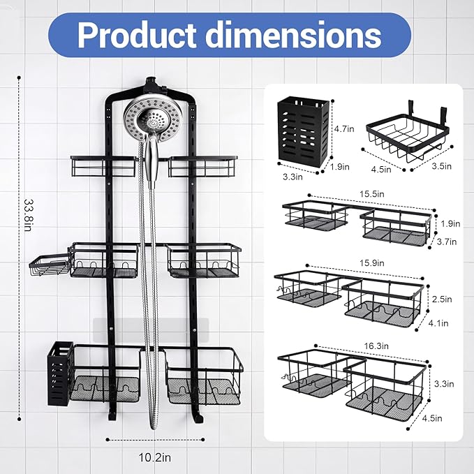Extra Large Shower Caddy Hanging, Rust-Resistant Shower Organizer Hanging, 3 Tier Height-Adjustable Over the Head Caddy, Rack with Soap Basket (Black) - Image 7