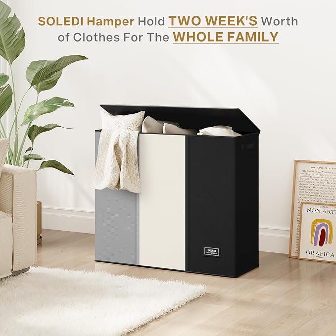 SOLEDI Laundry Hamper 3 section with lid and 3 Pcs Bag, Large Hamper 3 compartment 180L, Laundry Basket Laundry sorter Clothes hamper for Laundryroom Bedroom Blanket Storage Organizer - Image 8