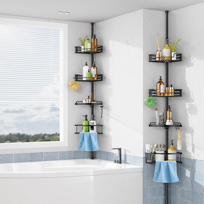 HAMITOR Corner Shower Caddy Tension Pole: Quick Installation 4-Tier Rustproof Bathroom Organizer Shelves for Bathtub Shampoo Storage - 47-121 inch Adjustable Floor Standing Bath Rack Holder - Black - Image 7