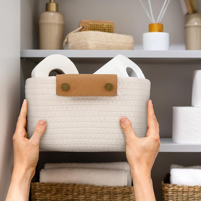 Beautiful Storage Basket Set of 5 - Sturdy Cotton Rope Baskets for Shelves Are Perfect for Organizing Your Home - Quality Storage Bins Easily Fit With Any Nursery or Bedroom Decor - Image 9