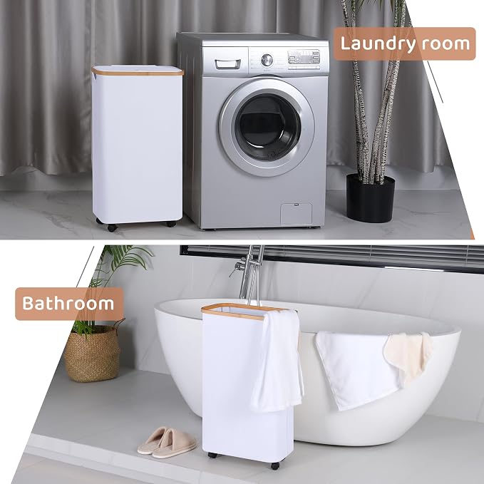 Slim Laundry Basket with Wheels,Narrow Hampers for Laundry,Freestanding Laundry Hamper with Lid&Bamboo Handles,Collapsible & Waterproof Tall Cloth Hamper for Dorm Family(60L White) - Image 6