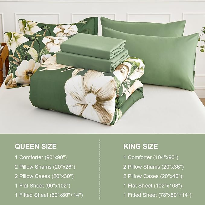 Luxudecor Floral Comforter Set King Size 7 Piece, Olive Green Flower Bed in a Bag, Elegant Comforter Bedding Set for All Season (Olive Green, 104"x90")