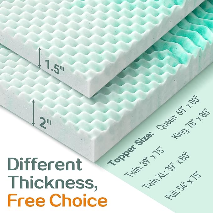 SINWEEK 2 Inch Mattress Topper 5-Zone Memory Foam Mattress Topper Pressure Relieve Soft Mattress Pad, CertiPUR-US Certified, King Size, Green