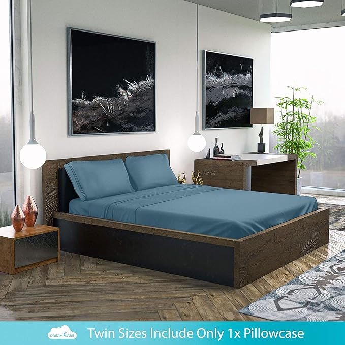 DREAMCARE Full Size Sheets - 6 pcs Breathable Cooling Bed Sheets - up to 15" Deep Pocket Full Size Bed Sheets wth Side Pockets -Extra Soft 100% Brushed Hypoallergenic Hotel Luxury Bedding Mineral Blue