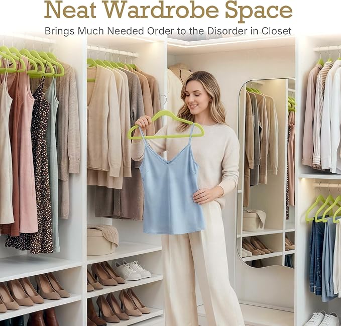 HOUSE DAY Vibrant Green Velvet Hangers 60 Pack, Non Slip Clothes Felt Hanger Heavy Duty for Coat, Premium Slim Space Saving Suit Hangers for Closet Organizer, 360° Rotating Silver Hook - Image 9