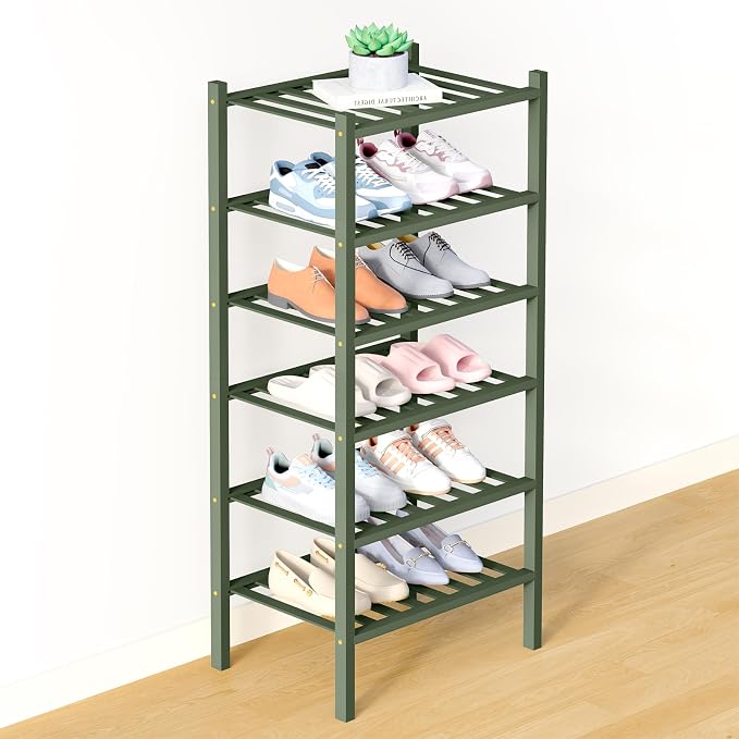 Smiry Bamboo Shoe Rack for Closet, 5 Tier Long Wooden Stackable Shoe Organizer, Free Standing Shoes Storage Shelf for Entryway, Front Door Entrance, Walnut by Smiry