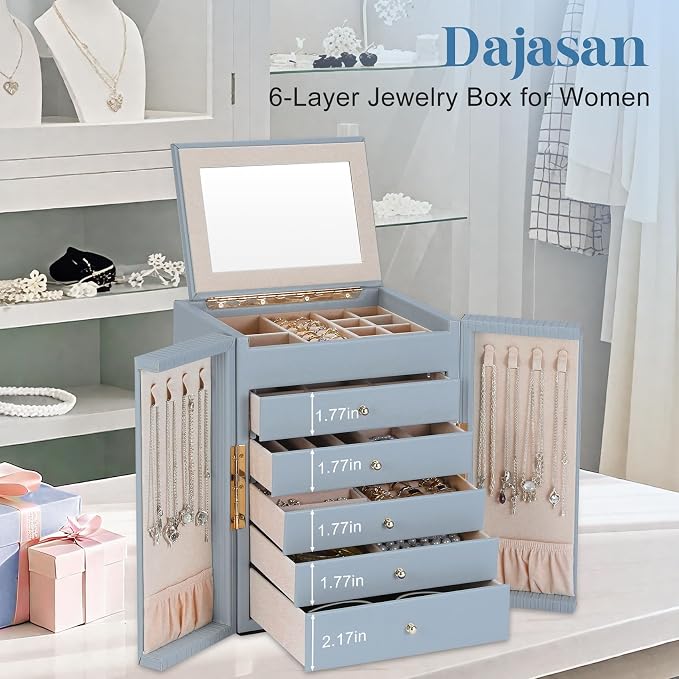 Dajasan Large Jewelry Organizer Box with Mirror, Jewelry Storage Organizer with 5 Drawers, 6-Tier Jewelry Gift Box for Women, Girls, Friends, Wife or Mother, Gift Idea (Smoky Blue) - Image 7