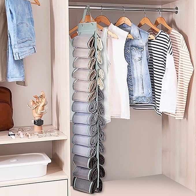 DHSFKBE Legging Organizer Storage - 2PCS T Shirt Organizer, Hanging Closet Organizers and Storage with 26 Roll Independent Compartments for Yoga Pants, Towel, Bathing Suit (Grey) - Image 7