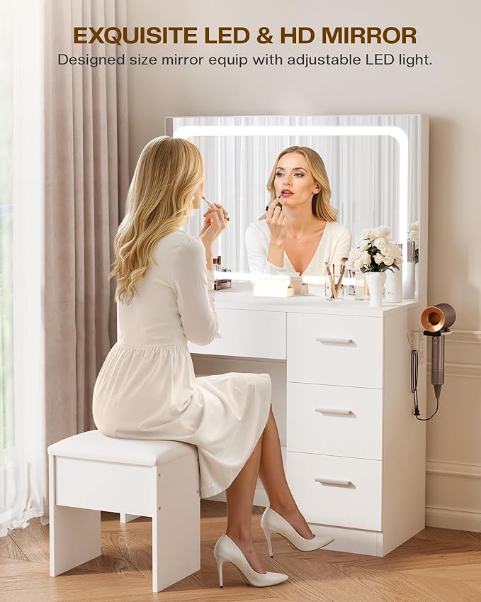 LIVELYGLOW Makeup Vanity Desk with Charging Station & LED Mirror – 35.4" Vanity Set with 4 Drawers, 3 Lighting Modes – Modern Bedroom Furniture (15.7" D x 35.4" W x 53.9" H), White