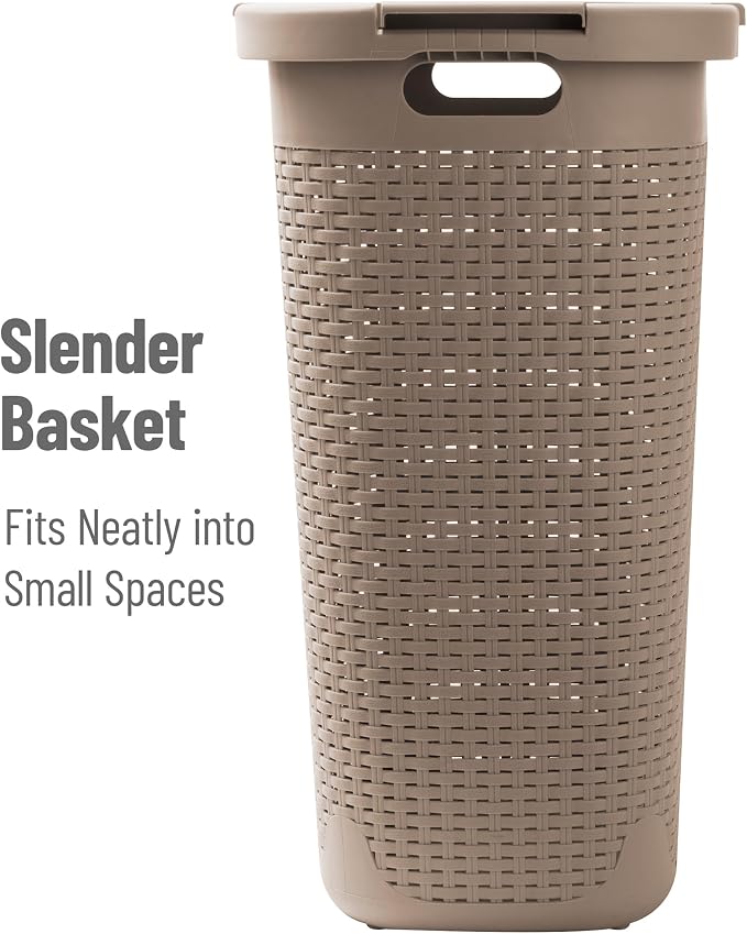 Mind Reader Slim Laundry Hamper with Lid, 60L Tall Clothes Basket, Narrow Tapered Design for Bathrooms, Closets and Laundry Rooms, Plastic, Tan - Image 7