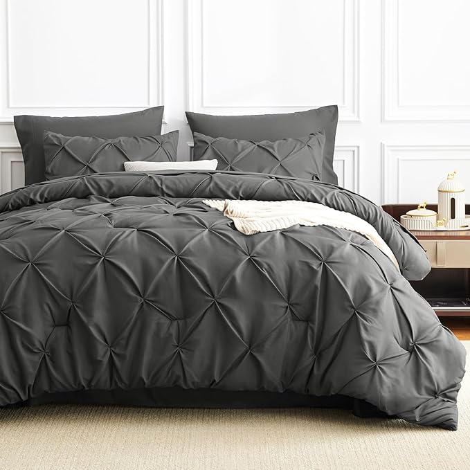 CozyLux Queen Comforter Set Dark Grey, 7 Pieces Pintuck Bed in A Bag, Premium Dark Gray Comforter Queen Size, Pinch Pleat Bedding Sets with Comforter, Sheets, Pillowcases & Shams