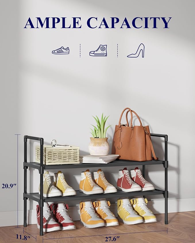 Kitsure Shoe Rack - 2-Tier Shoe Organizer, Shoe Rack for Closet, Entryway, Bedroom, Easy- Assembly Storage Shelf with Side Handles, 27.6" Wide - 2 Tiers, Black - Image 2