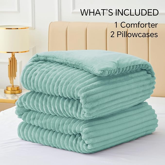 BEDELITE Fleece Queen Comforter Set -Super Soft & Warm Fluffy Haze Blue Bedding, Luxury Fuzzy Heavy Bed Set for Winter with 2 Pillow Cases