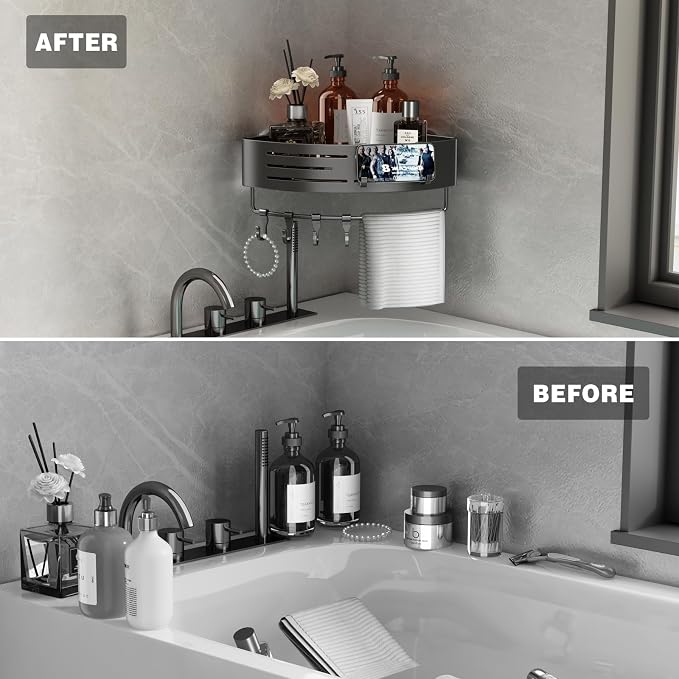 Voldra Corner Shower Caddy Suction Cup, 1 Pack Corner Shower Shelves No Drilling, Aluminum Upgrade Suction Cup Shower Organizer Corner with Towel Bar & Hooks Removable Bathroom Storage Rack(Gray) - Image 7