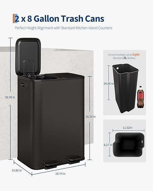 GarveeHome 2 x 8 gal Stainless Steel Double Trash Can with Lid for Kitchen, Large Dual Trash and Recycle Bin Combo, Step-on Kitchen Metal Garbage Cans, PP Inner Buckets, Liner Rim, Matte Black - Image 6