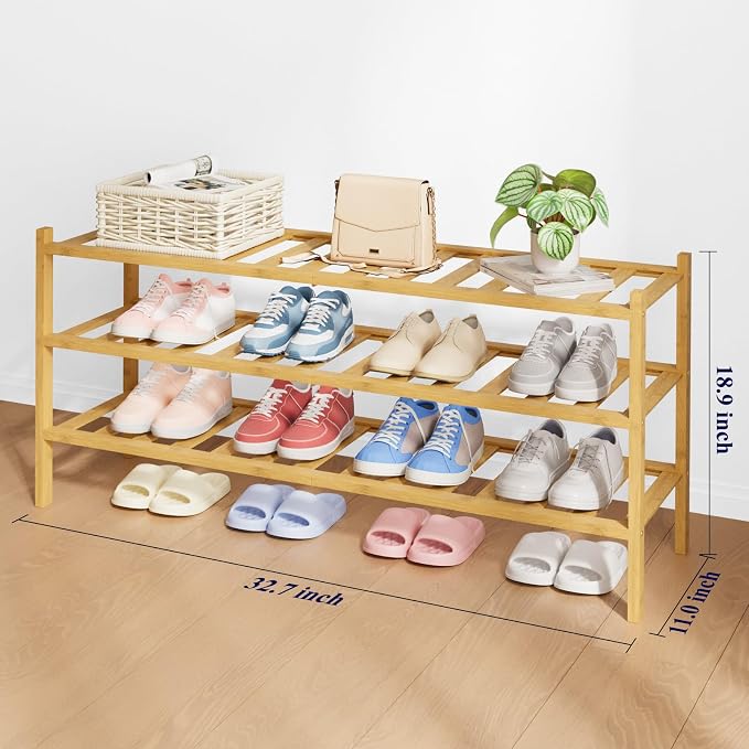 Kitsure Bamboo Wooden Shoe Rack for Closet - Stackable Shoe Organizer with Modular Structure, Space-Saving Shoe Shelf for Entryway, Living Room, Bedroom, 32.7" Wide - 3 Tiers, Natural - Image 2