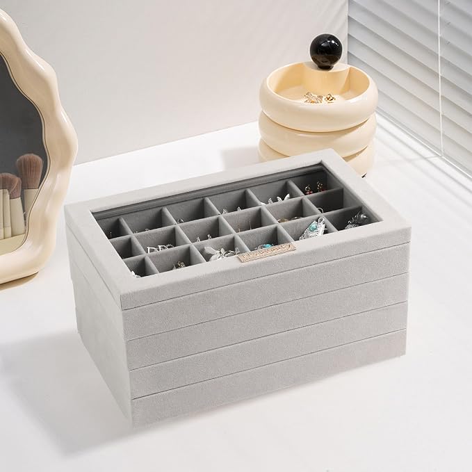 Frebeauty Earring Holder Stackable Jewelry Trays,Velvet Drawer Jewelry Organizer with Glass Lid, 5 in 1 Jewelry Box for Earrings Rings Studs,10.5 x 6.5 x 5.55 Inches Gift for Women (Grey) - Image 6
