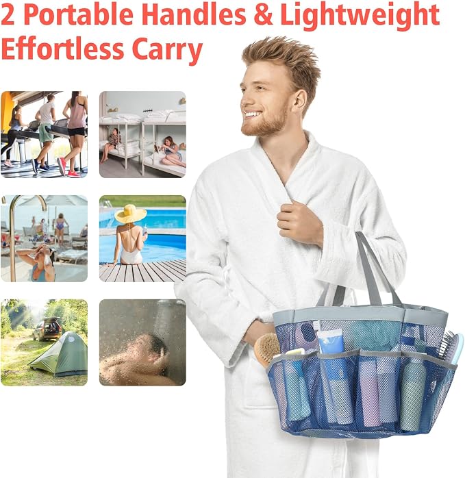 F-color Mesh Shower Caddy Portable - 2 Handles Upgrade Deeper 7 Pockets Basket Bag Tote for College Dorm Room Toiletry Bathroom Essentials Gym Camp Quick Dry with S Hook, 2 Pack Blue - Image 6