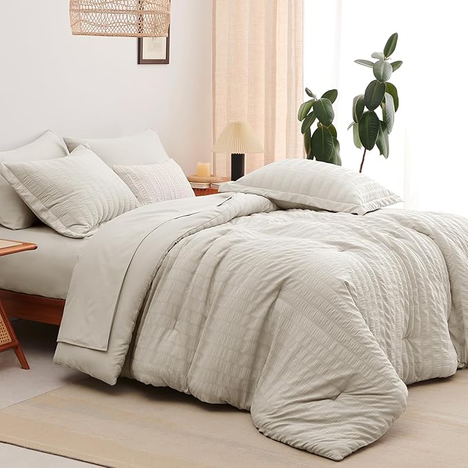 CozyLux Twin Comforter Set with Sheets 5 Pieces, Beige Seersucker Textured Bed in a Bag for Bedroom, Luxury Soft Bedding Sets with Down Alternative Comforter, Sheets, Pillowcase & Sham for All Seasons
