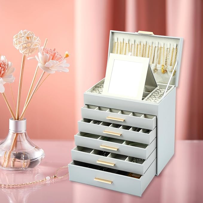 BOOVO Jewelry Boxes for Women, White and Black 6 Layer Large Jewelry Box for Necklace, Bracelet, Earrings, Rings Storage, Jewelry holder Organizer for Girls Gift (Grey and Gold, 6 layer) - Image 7