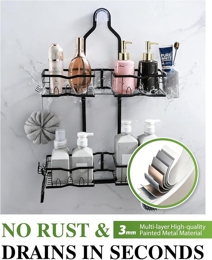 Shower Caddy Hanging – Rustproof Shower Organizer Hanging for Inside Shower – Over the Showerhead Rack with Soap Holder & Razor Hooks, No Drilling Bathroom Shower Shelves and Storage, Black - Image 8