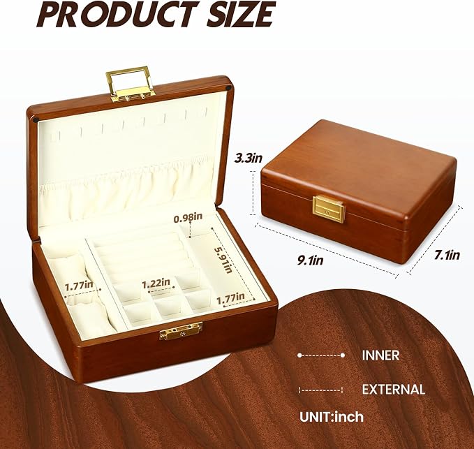 Solid Walnut Wood Jewelry Box with Lock, 2 Layer Velvet Jewelry Organizer Storage for Earrings Rings Necklaces Bracelets Cufflink, Gift Idea for Men Women, Beige - Image 9