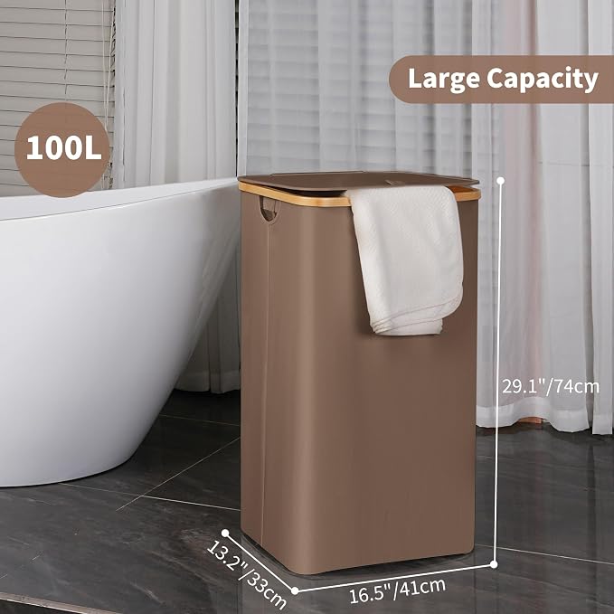 efluky 26 Gal Laundry Basket with Lid and Net Bag, Tall Laundry Hamper with Bamboo Handles, Aesthetic Dirty Clothes Bin for Laundry Room, Bathroom, Bedroom and Dorm, Brown - Image 7