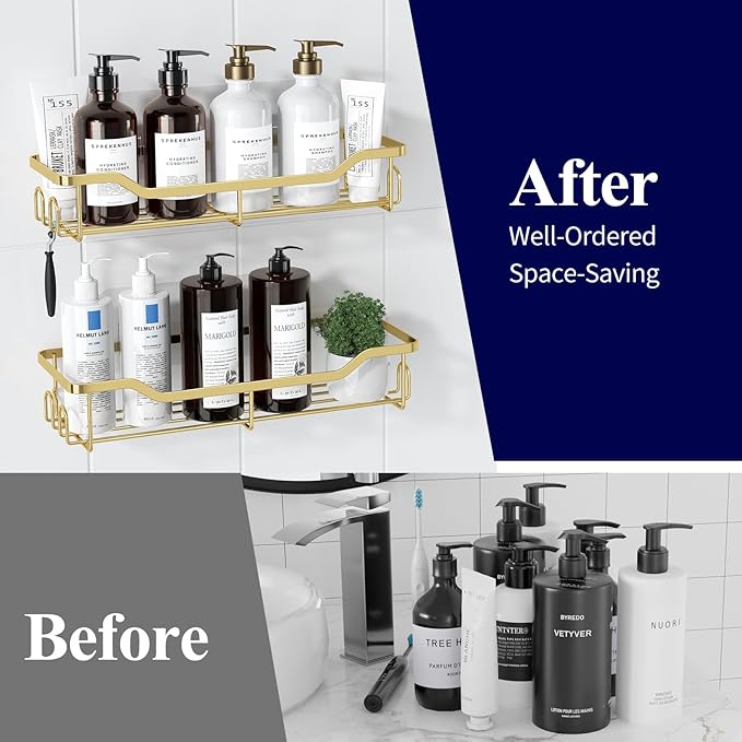 Kitsure Shower Caddy Large - Adhesive Shower Organizer, Stainless Steel Shelf for Inside Shower, No Drill Bathroom Organizers and Storage, Home Decor Accessories, 2 Pack, Gold - Image 6
