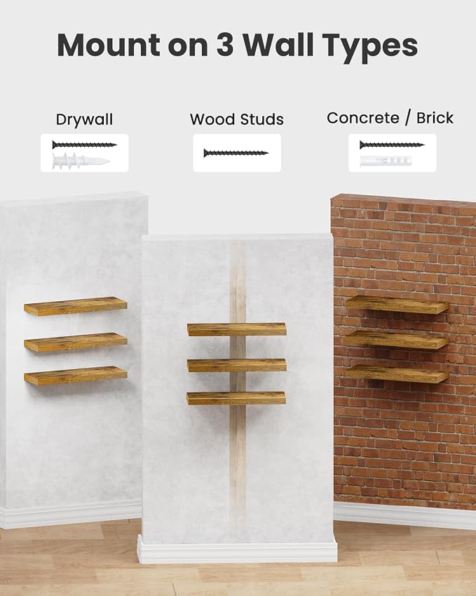 AMADA HOMEFURNISHING Floating Shelves, Wall Shelves for Bathroom/Living Room/Bedroom/Kitchen Decor, Decor Shelf with Invisible Brackets Set of 3, Rustic Brown - AMFS07V - Image 7