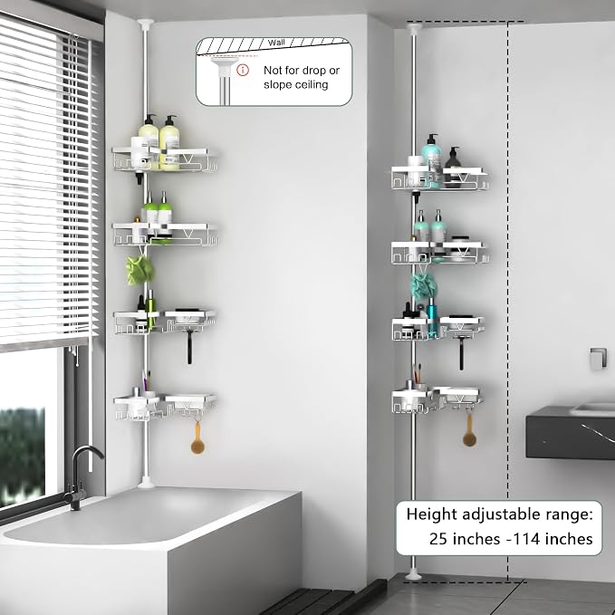 DAOYA Shower Caddy Tension Pole - Corner Shower Shelves with Soap Holder Bathroom Shower Organizer for Tub (Stainless Steel, Silver, Floor to Ceiling 25-114.2 inch) - Image 6