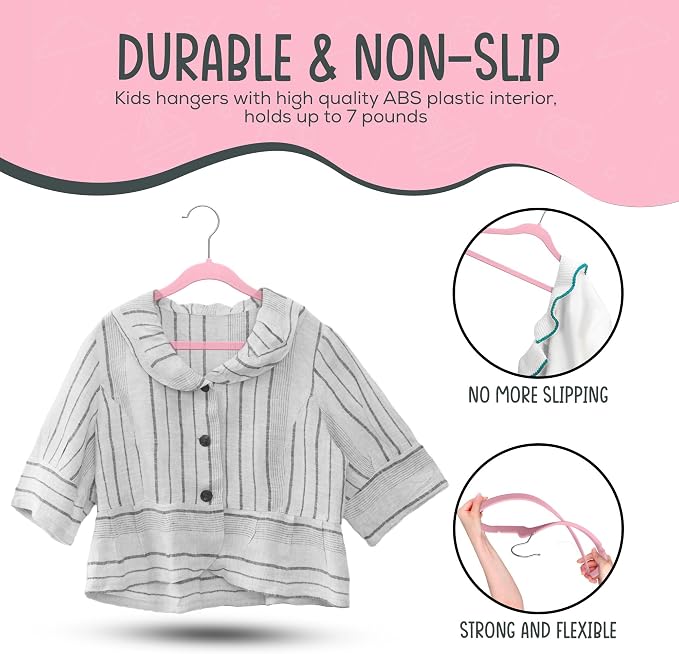 TechZoo 50 Premium Kids Velvet Hangers - 14" Non-Slip Clothes Hangers for Kids & Preteens - Ultra Slim, Space-Saving, Strong & Durable Hangers with 360° Swivel Hook - Pink - Image 8