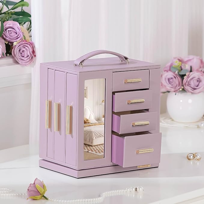 Homde Jewelry Box 360° Rotating, Necklace Earring Organizer with Transparent Window, Mirror, 7 Drawers, Large Ring Display Storage Case for Girls Women (Grey Purple) - Image 9