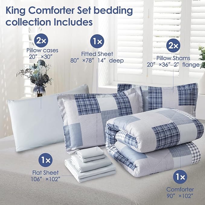 Comforter Set King Size Plaid Patchwork Comforter Bedding-7 Piece Bed in a Bag,Soft Fluffy Reversible Microfiber Bedding Set(1 Comforter,1 Flat Sheet,1 Fitted Sheet,2 Pillowcases,2 Pillow Shams),Blue