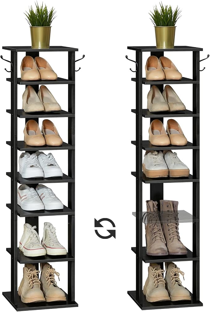 HOOBRO 8 Tiers Vertical Shoe Rack, Wooden Shoe Storage Organizer with Hooks, Narrow Shoe Tower for 8 Pairs, Space Saving, for Entryway, Living Room, Bedroom, Black BK07XJ01 - Image 9