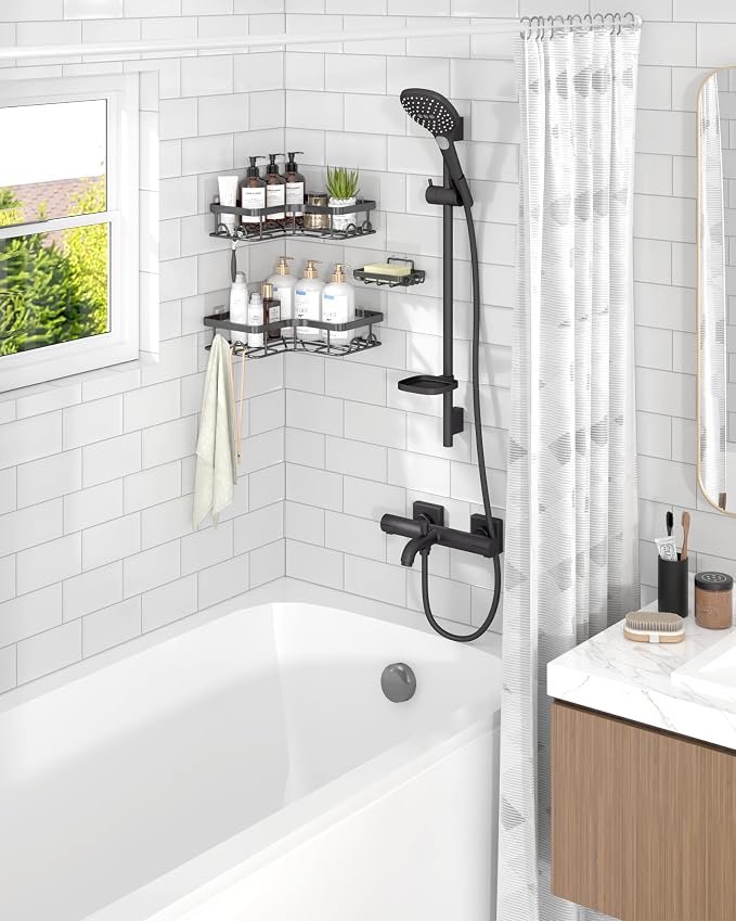 Sakugi Corner Shower Caddy - 3-Pack Shower Organizer with Soap Holder & Built-In Hooks, Rustproof Metal Shower Shelves, Laundry, Kitchen, Bathroom Organizers and Storage Solution, Large, Black - Image 9