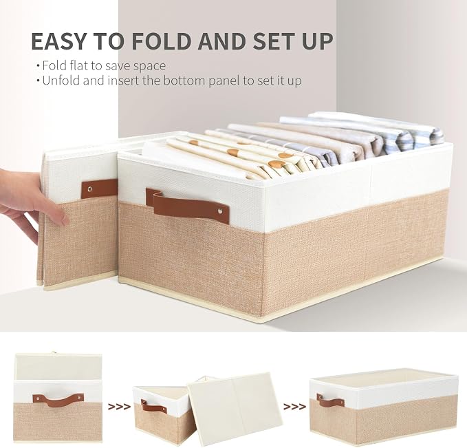 6 Pack Fabric Storage Bins, Large Storage Baskets for Shelves, Foldable Closet Organizer Storage Boxes with Leather Handles for Clothes, Sheets, Jeans, Toys, Books (Beige and White) - Image 7